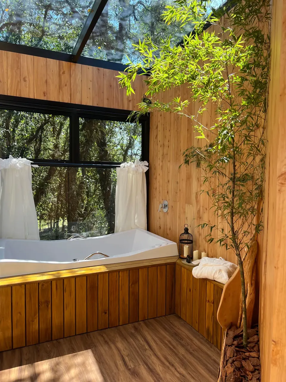 Banheira de hidromassagem com roupões e plantas