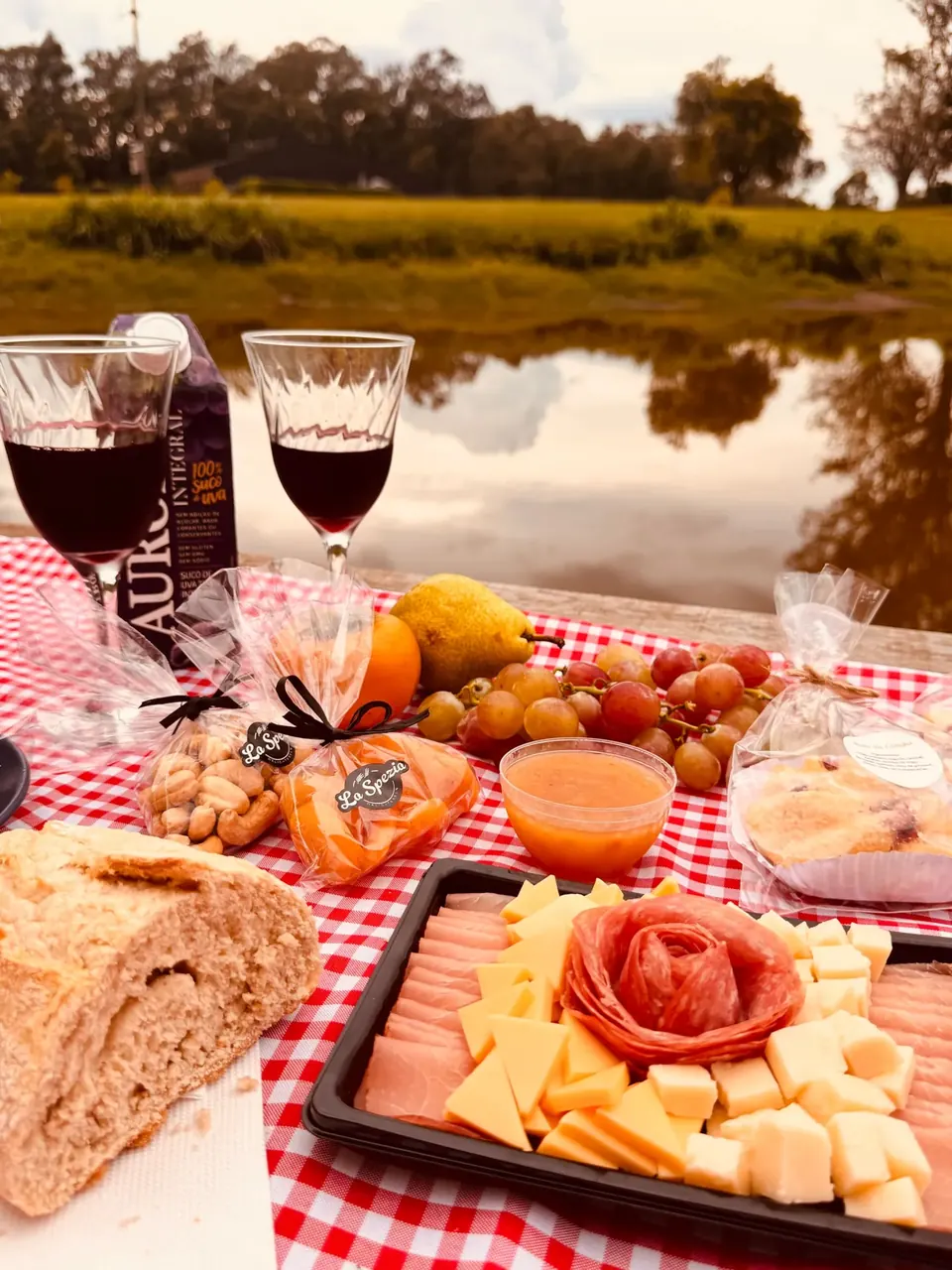 Piquenique com frios, frutas e vinho à beira do açude